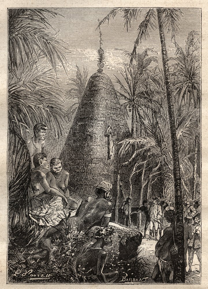 Drugi rejs (1772-1775) kapitana Jamesa Cooka (1728-1779): tradycyjny okrągły dom, na dachu znacznej wysokości (Nowa Kaledonia) - ilustracja zaczerpnięta z „Wielkich żeglarzy XVIII wieku”” autorstwa Unknown artist