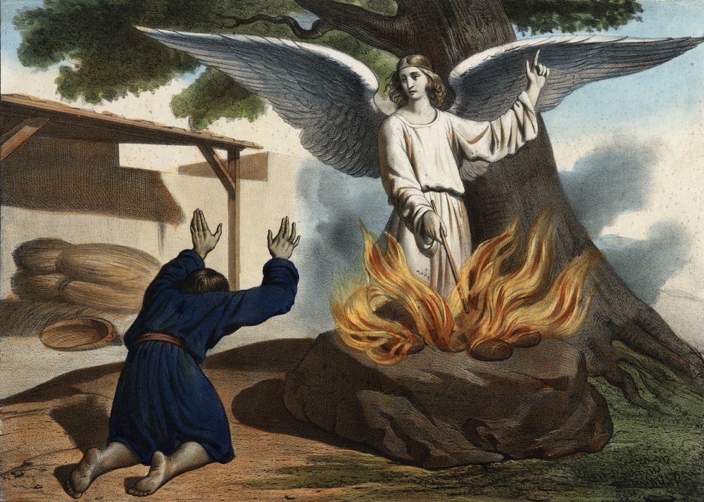 Anioł ukazuje się Gedeonowi, aby wyzwolić lud Izraela spod okupacji Madianitów. Anonimowy sztych z połowy XIX wieku. autorstwa Unknown artist