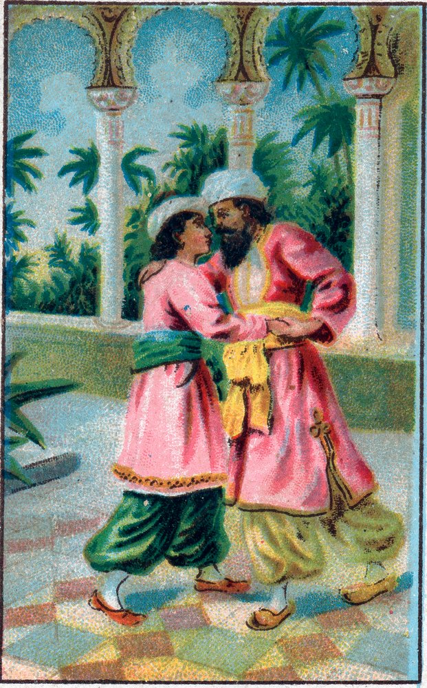 Powrót księcia. Opowieść „”Historia o zaczarowanym koniu””” w „”Tysiąc i jedna noc””” (1001 nocy lub Le mille e una notte, Arabian Nights). Chromolitografia z końca XIX wieku. autorstwa Unknown artist