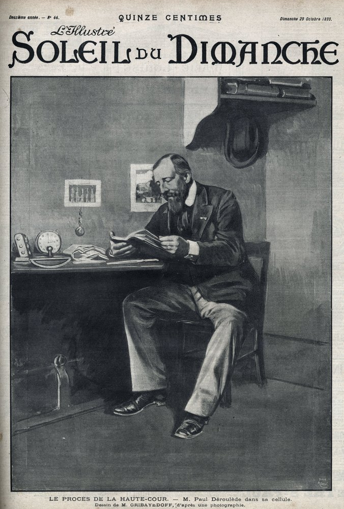 Proces przed Sądem Najwyższym: Paul Déroulède (1846-1914), francuski pisarz i działacz nacjonalistyczny, który był ważną postacią antydreyfusizmu, w swojej celi po próbie zamachu stanu 23 lutego. Rycina w „Le Soleil du dimanche”, 29 października autorstwa Unknown artist