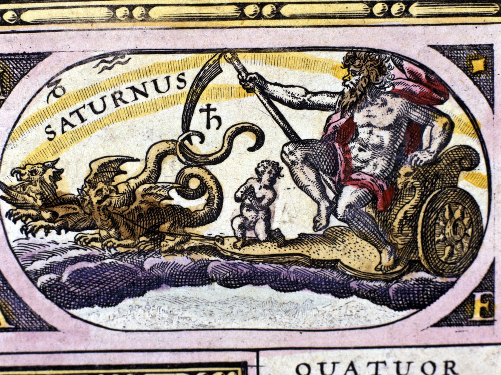 Bóg Saturn (Cronos) na czołgu zaciągniętym przez dwa smoki. autorstwa Unknown artist