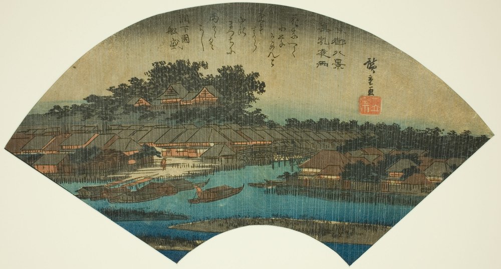 Wieczorny deszcz w Matsuchiyama (Matsuchiyama yau), z serii „Osiem widoków na wschodnią stolicę (Toto hakkei)” autorstwa Utagawa Hiroshige