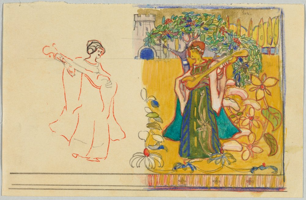 Lautenspielerin unter blühendem Baum autorstwa Wassily Kandinsky