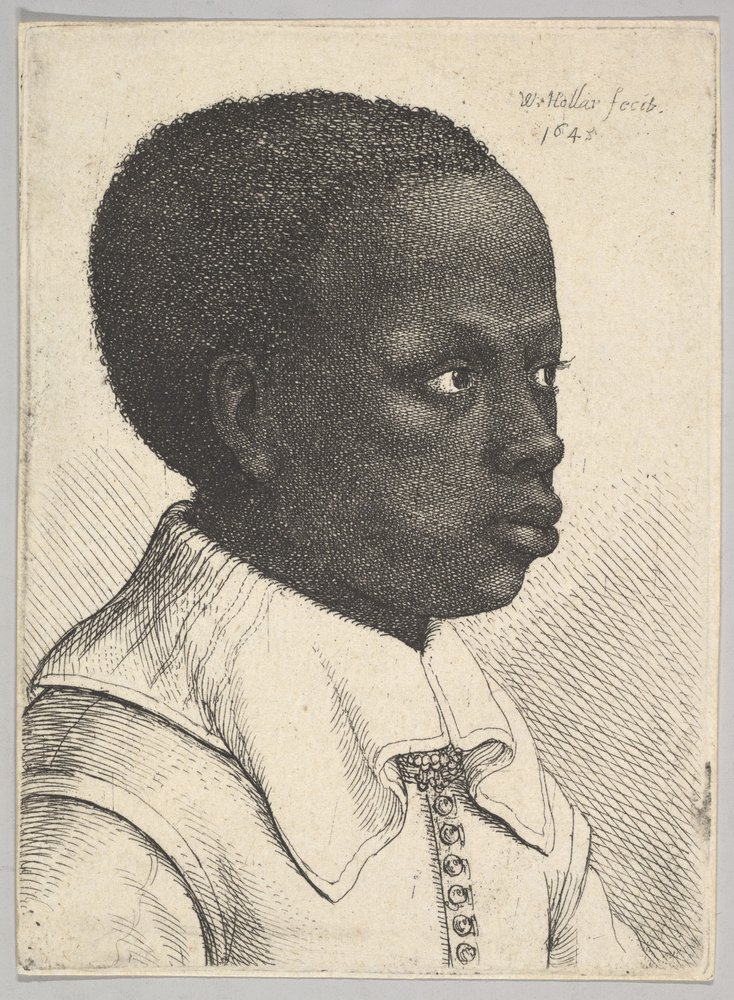 Głowa młodego czarnoskórego chłopca z profilu w prawo, 1645 autorstwa Wenceslaus Hollar