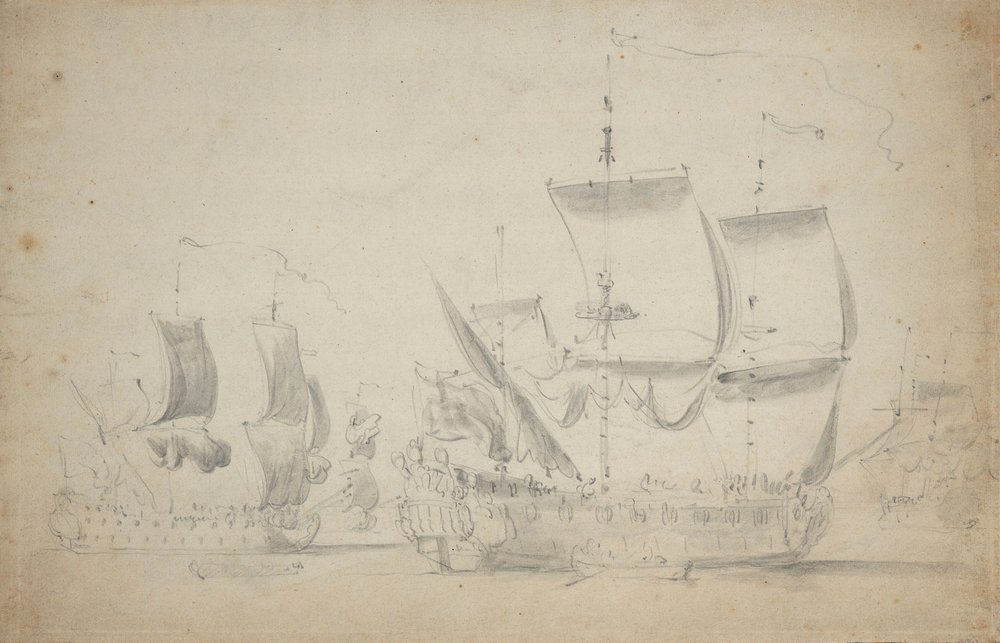 Angielski dwupokładowiec pod żaglami, ok. 1675 (ołówek, pył) autorstwa Willem van de the Elder Velde