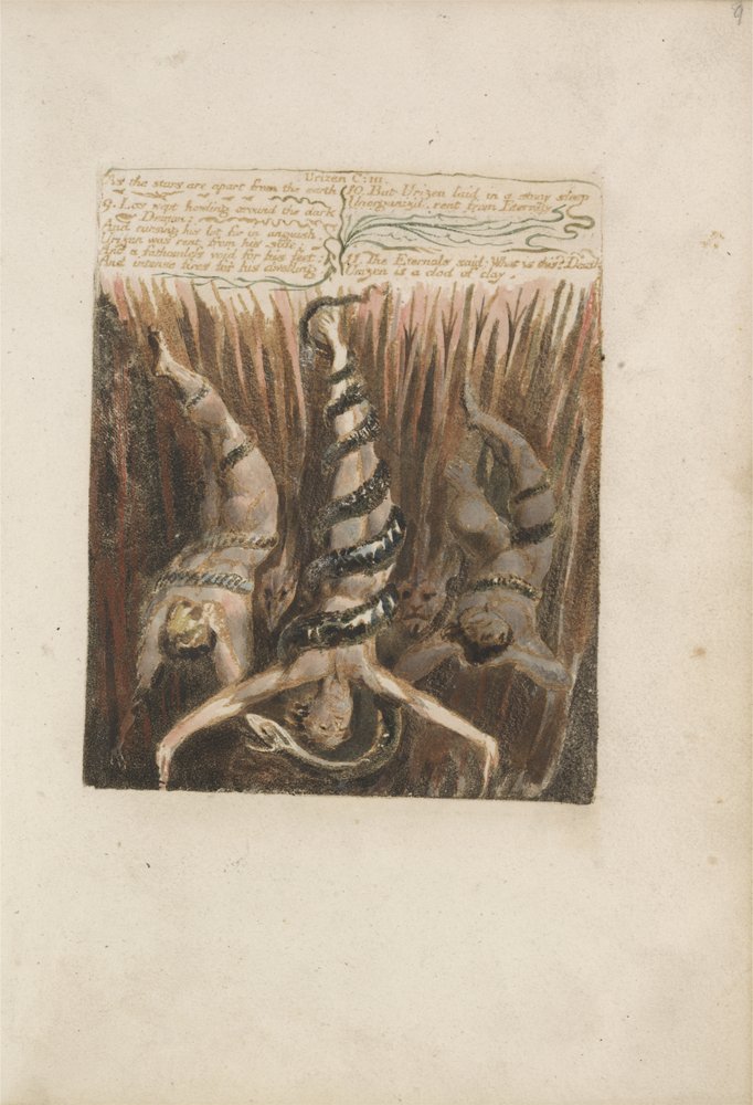 Ponieważ gwiazdy są oddzielone od ziemi..., płyta 9 z Pierwszej Księgi Urizena, 1794 (drukowana kolorowo płaskorzeźba akwaforta tuszem i wc) autorstwa William Blake