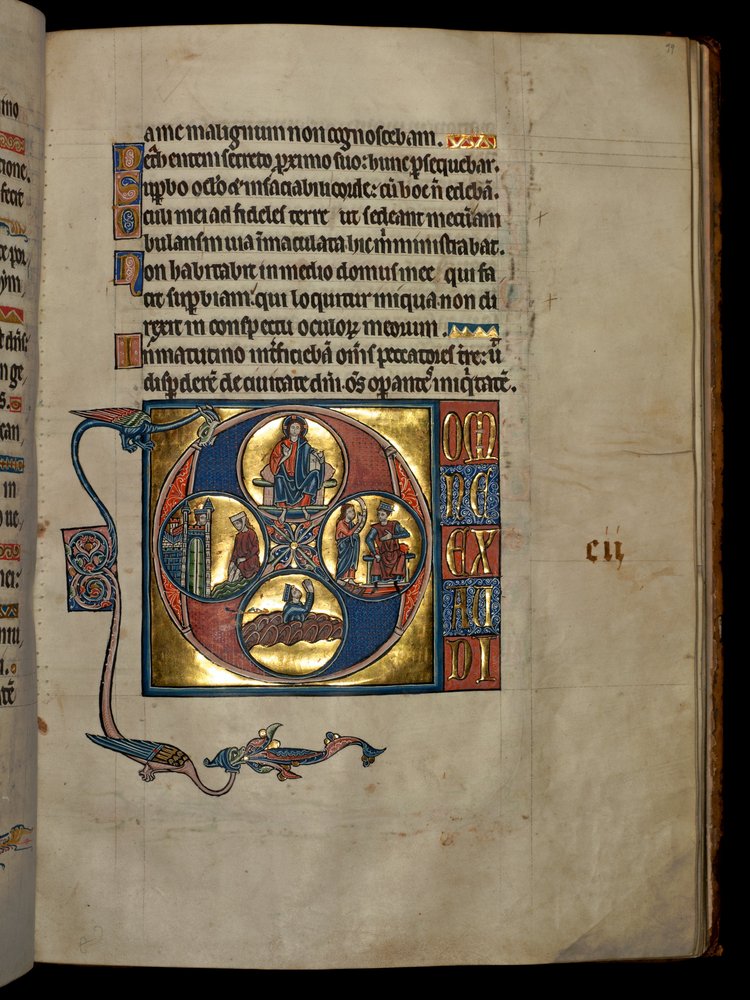 Ms 322 f.99r, Psalm 101, inicjał D, Błogosławieństwo Chrystusa, Dawid wpatrujący się w Batszebę, Natan upomina Dawida i modlącego się Dawida pokutującego, ilustracja z „Psałterza De Brailes”, ok. 1250 autorstwa William de Brailes