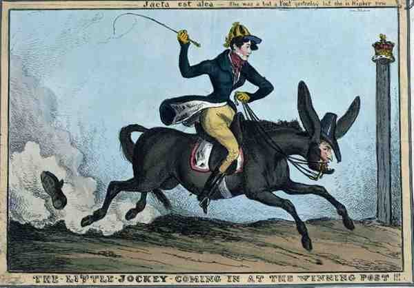 „The Little Jockey Coming in the Winning Post!!!”, c.1831 (kolorowa akwaforta) autorstwa William Heath