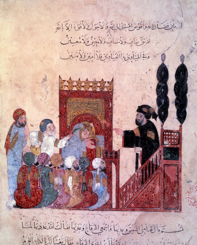 Wędrujący nawigator Abu-Zayd (Abu Zayd, Abu Zayd) wchodzi do meczetu Maragha Miniature z „Maqamat” (Seanse) Abu Mohammeda al-Kasima ibn Ali Hariri (lub Al-Hariri lub Al Hariri) (1054-1122) oświecony przez Yahyę Mahmuda al-Wasiti (al Wasiti) w 123 autorstwa Yahya ibn Mahmud Al-Wasiti