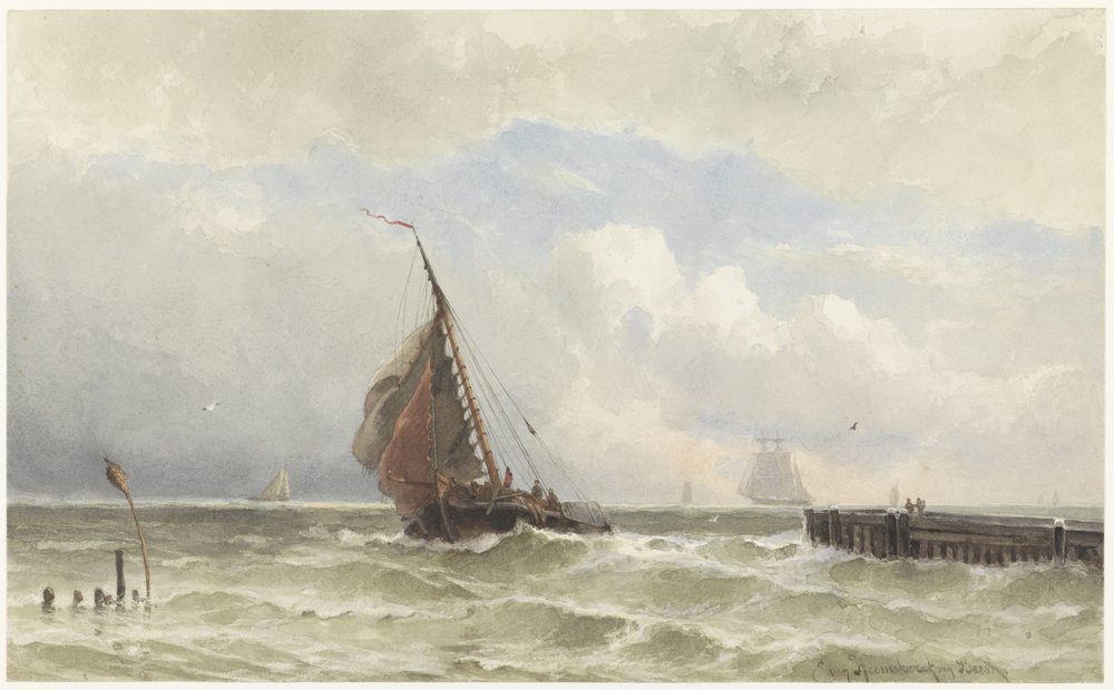 Port Vlissingen, z przypływającym żaglowcem autorstwa jonkheer Jacob Eduard van Heemskerck