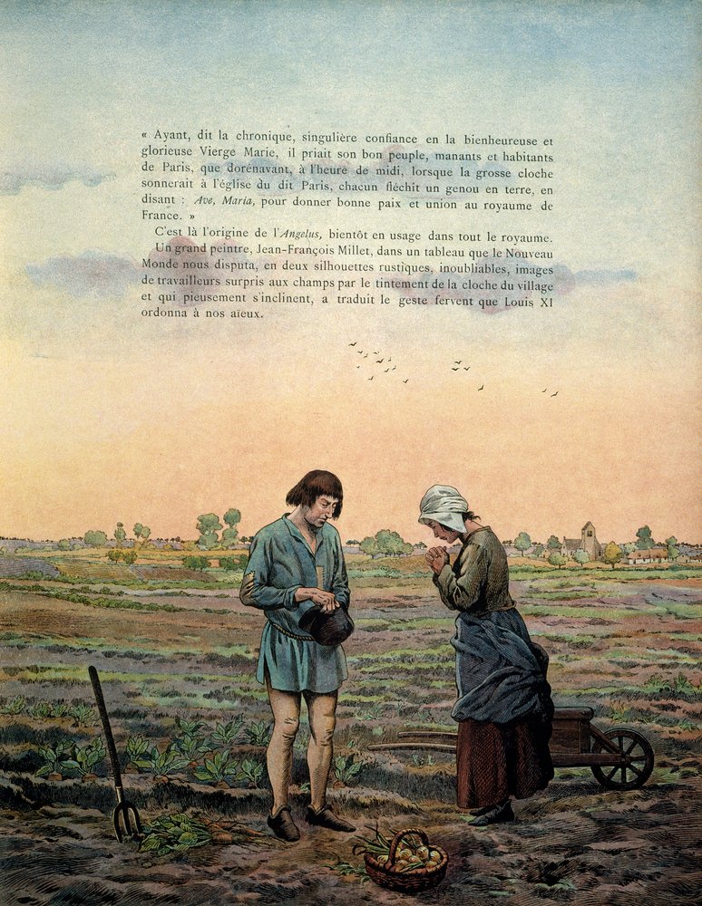 Historia Francji w średniowieczu (średniowiecze): Król Ludwik XI mówi, że Roztropny (1423-1483) ustanawia modlitwę Anioł Pański. Ilustracja Jacques Marie Gaston Onfray de Breville dit JOB (1858-1931) autorstwa pseudonym for Jacques Onfroy de Bréville Job