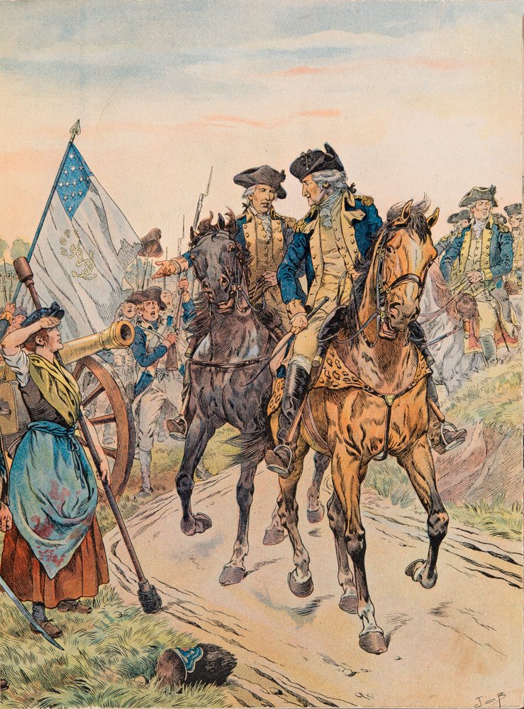 Jacques Marie Gaston Onfroy de Breville dit JOB (1858-1931) - George Washington minął Molly Pitcher podczas bitwy pod Monmouth w dniu 28 czerwca 1778 roku podczas wojny o niepodległość, kolekcja prywatna autorstwa pseudonym for Jacques Onfroy de Bréville Job