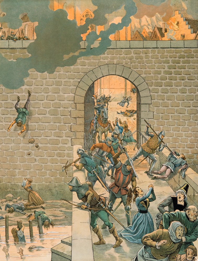 Jacques Marie Gaston Onfroy de Breville dit JOB (1858-1931) - Historia Belgii: Karol Temerary (1433-1477), hrabia Charolais 25 sierpnia 1466 szturmuje i pali miasto Dinant, kolekcja prywatna autorstwa pseudonym for Jacques Onfroy de Bréville Job