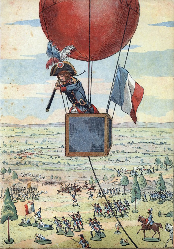 Scena z historii Francji w zabawkach: Bitwa pod Fleurus 26 czerwca 1794 r. i pierwsze użycie balonu obserwacyjnego przez kapitana Jeana Marie Josepha (Jean-Marie-Joseph) Coutelle (1748-1835) z długim widokiem - W „ ” Zagrajmy w historię: Francja wystawił z autorstwa pseudonym for Jacques Onfroy de Bréville Job
