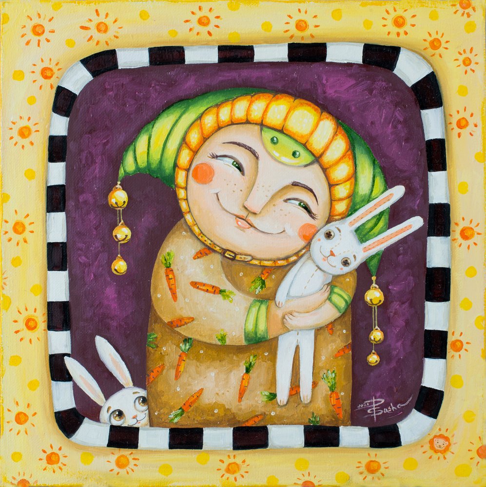 Uśmiechnięta postać i króliczki autorstwa Aleksandra Paranchenko