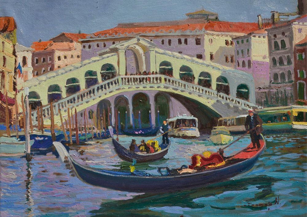 Gondole na moście Rialto w Wenecji autorstwa Alexander Shandor