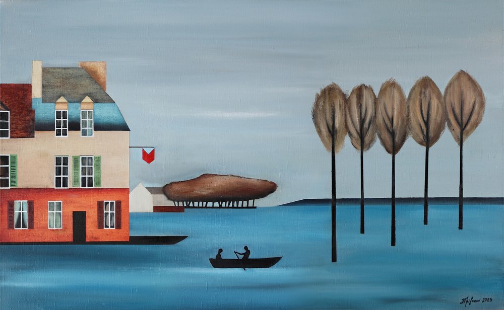 Wiosłówka nad wodą w wiosku autorstwa Alexander Trifonov