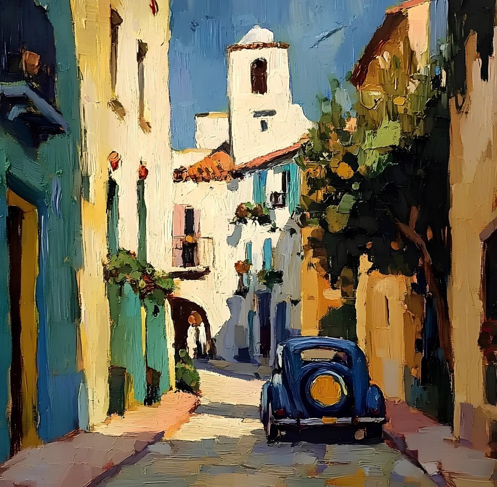 Niebieski samochód z Sunny Village autorstwa Avanesova Elena