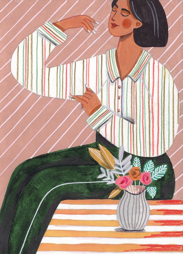 Kobieta w koszuli w paski i zielonych spodniach autorstwa Caroline Bonne Müller