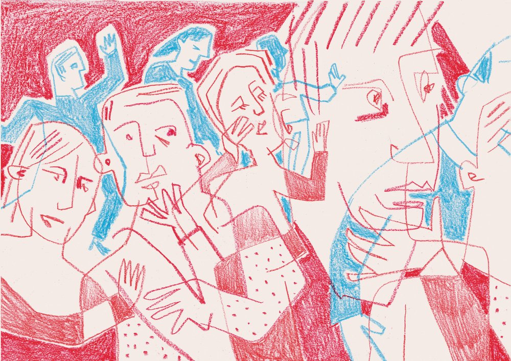 Wyraziste postacie w kolorze czerwonym i niebieskim autorstwa Catalina Somolinos