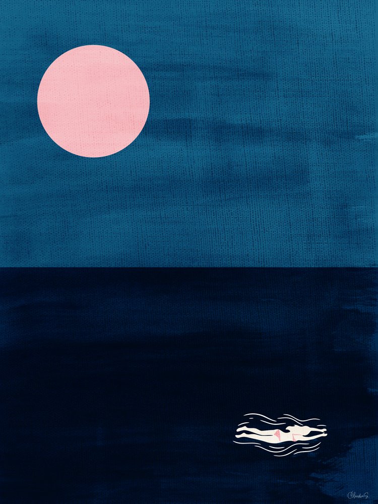 „Midnight Swim Pink Moon” – abstrakcyjny plakat z motywem oceanicznym autorstwa Claudia Spano'