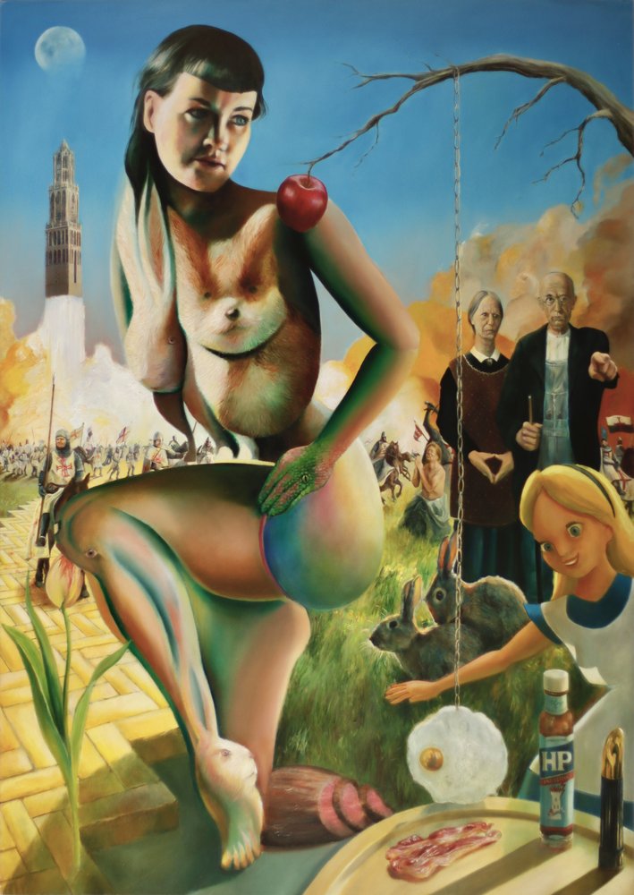 Surrealistyczna scena z nagimi postaciami autorstwa Corné Akkers