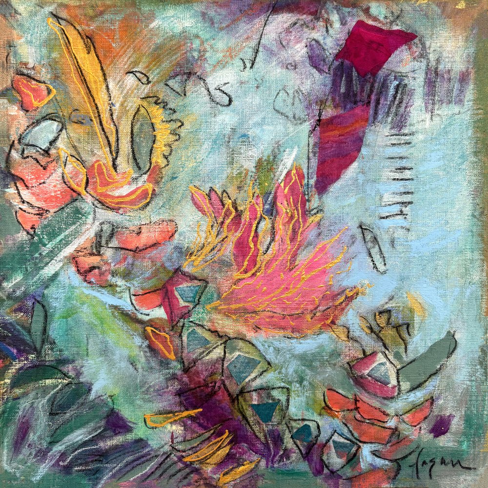 „Kwiaty w abstrakcyjnym ogrodzie” autorstwa Dorothy Fagan