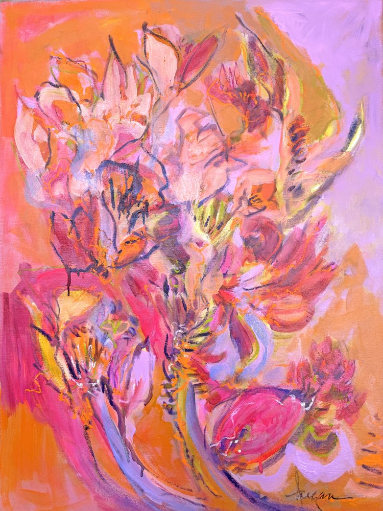 Żywe, abstrakcyjne kwiaty autorstwa Dorothy Fagan