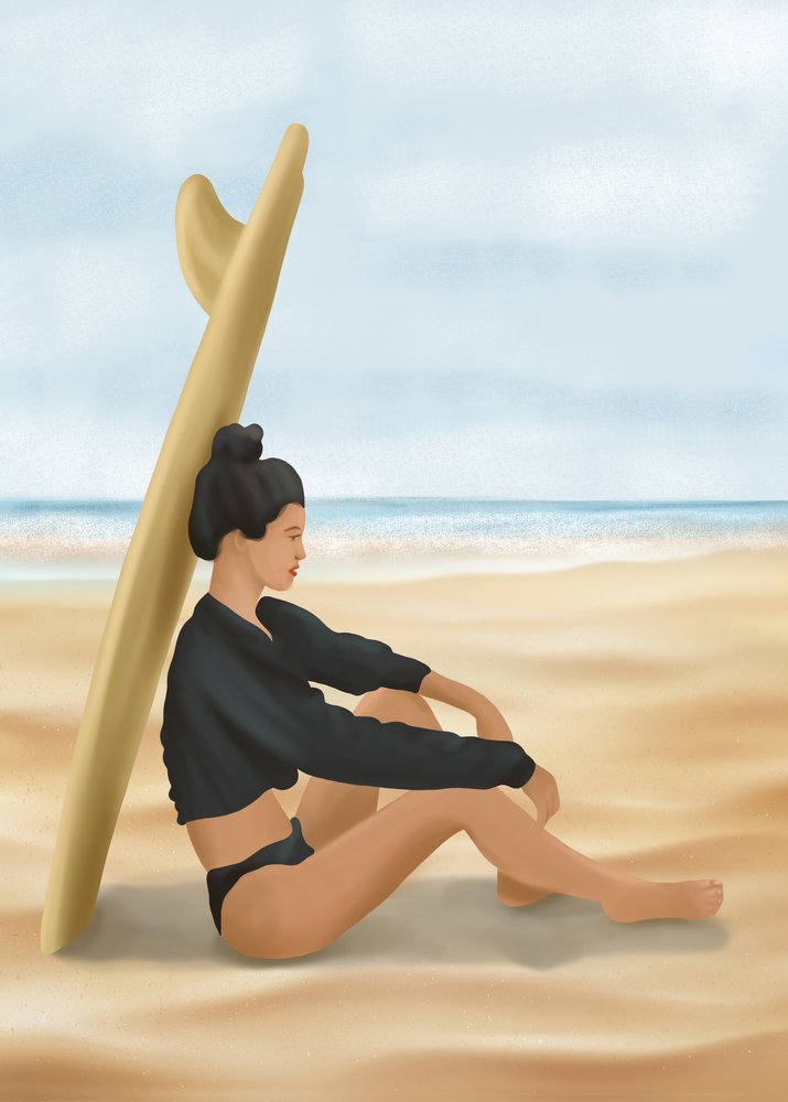 Kobieta na plaży uprawiająca surfing autorstwa Flow Line