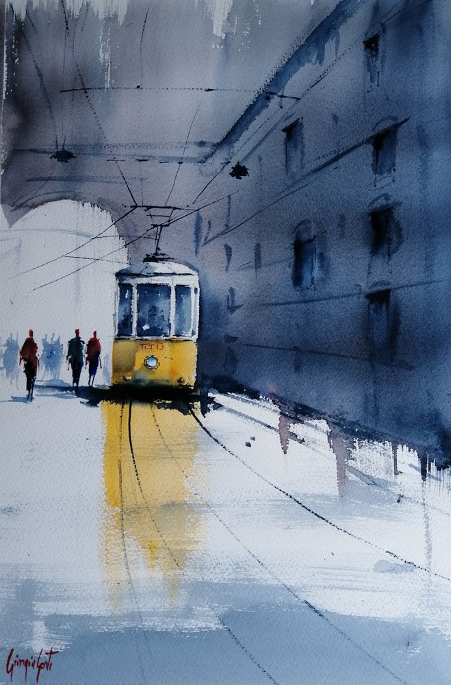 Żółty tramwaj w deszczowym mieście autorstwa Giorgio Gosti