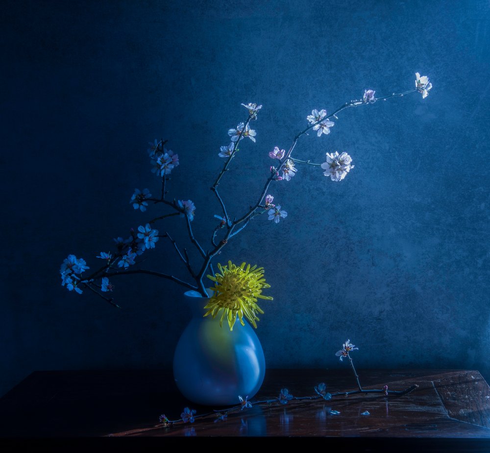 Niebieskie kwiaty i wazon autorstwa Judy Tseng