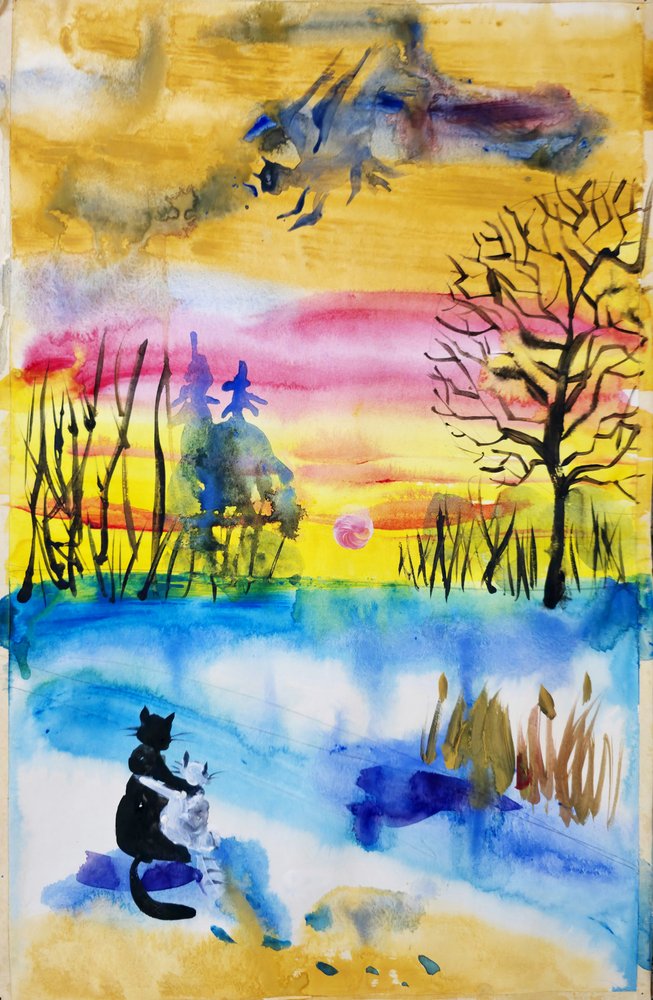 Kapryśne koty o zachodzie słońca autorstwa Kanat Ibragimov