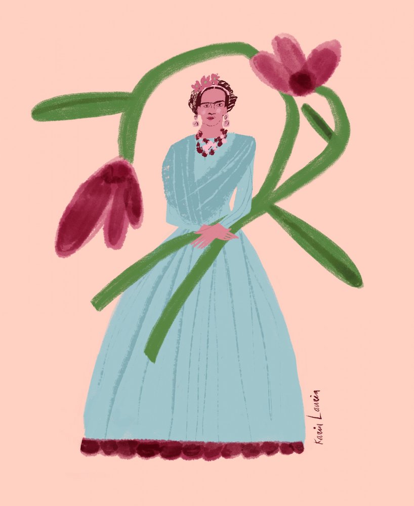 Kolorowy portret z motywem kwiatowym autorstwa Karin Lauria