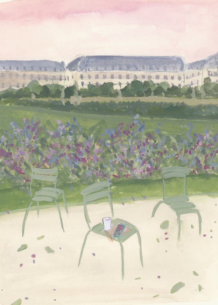 Ilustracja akwarelowa przedstawiająca paryski ogród autorstwa Katharina Puritscher