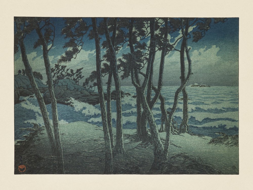 Hinomisaki, Izumo, z cyklu „Pamiątki z podróży, seria trzecia” autorstwa Kawase Hasui