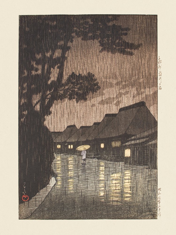Soshu Maekawa No Ame (Deszcz w Maekawie, prowincja Sagami) (1932) autorstwa Kawase Hasui