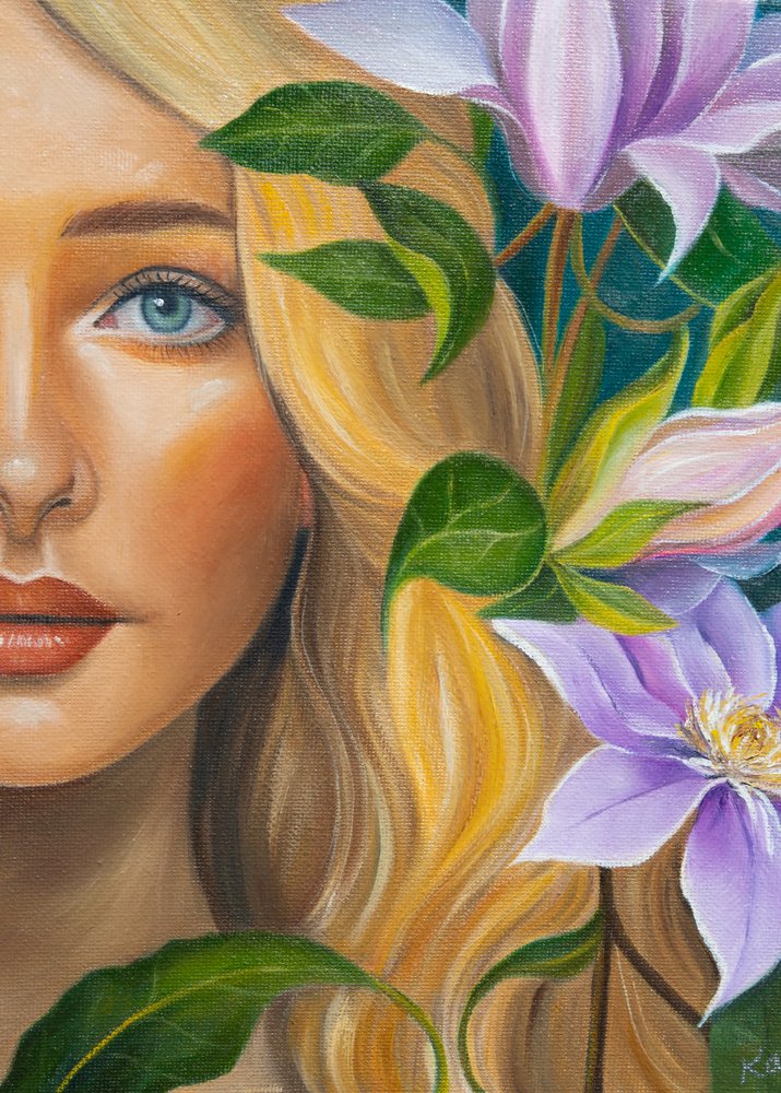 Portret blondynki w kwiatowym otoczeniu autorstwa Kay Shanley