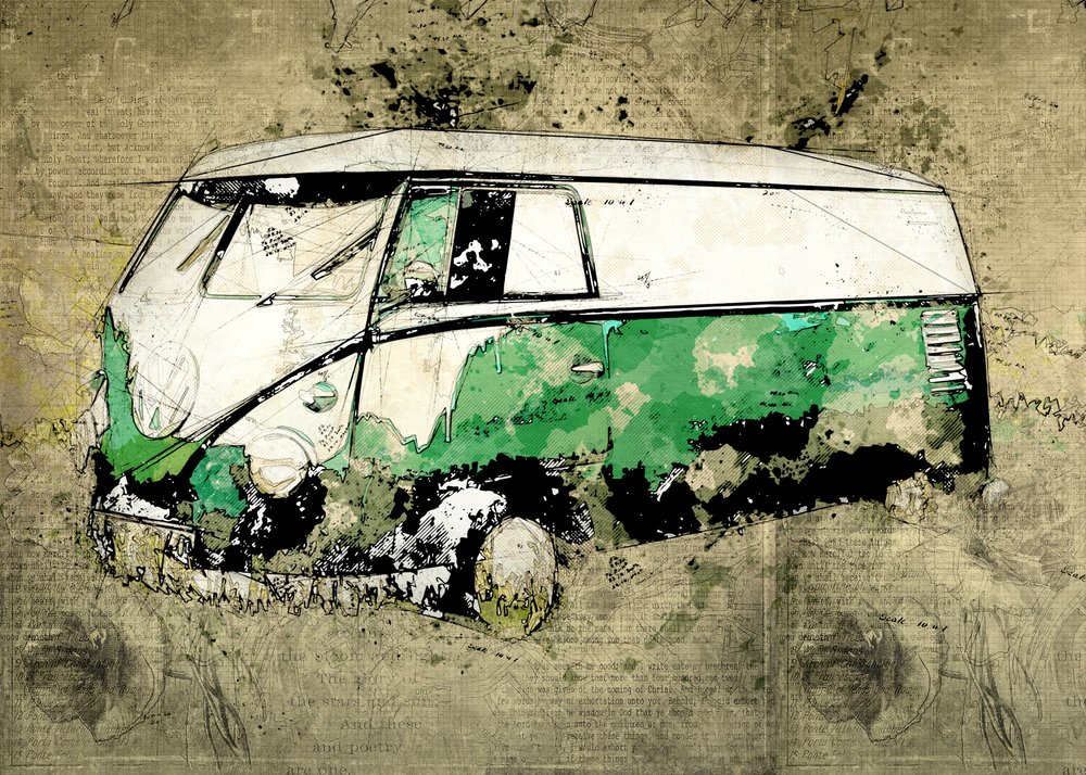Artystyczny zielony autobus autorstwa Lembayung senja studio [Vintage Poster]