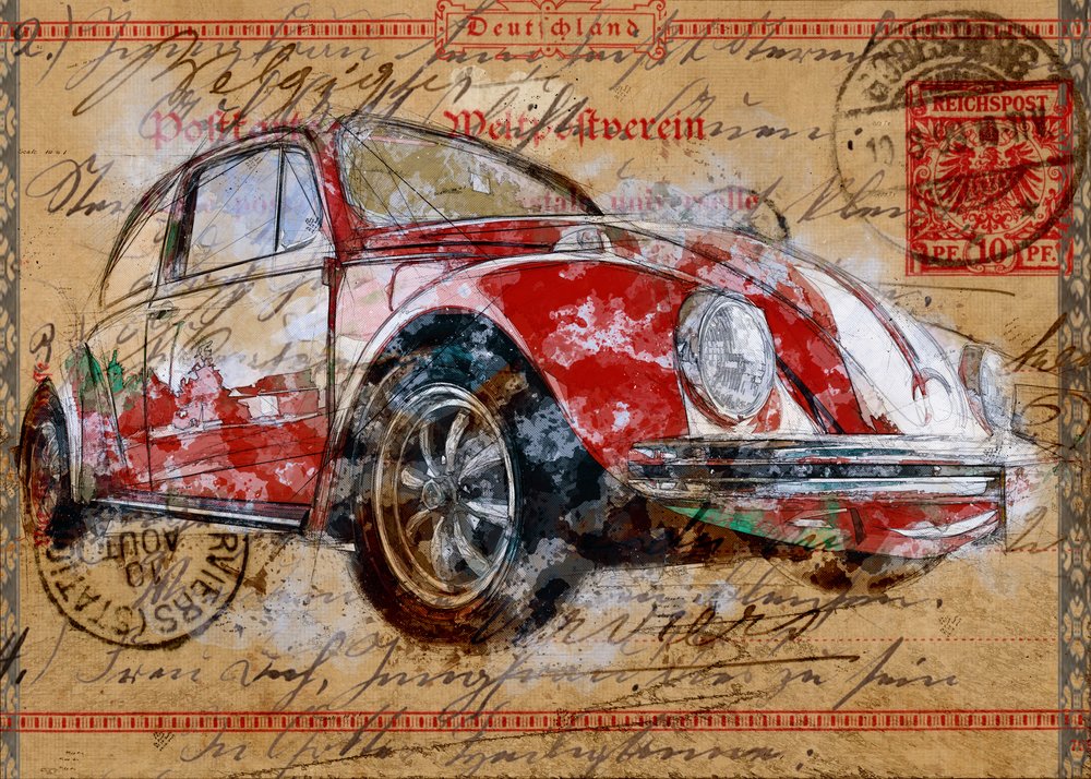 Pocztówka z klasycznym modelem Beetle autorstwa Lembayung senja studio [Vintage Poster]
