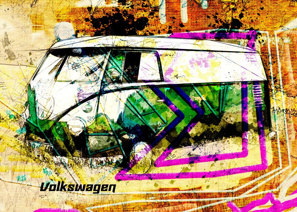 Kolorowy autobus w stylu grunge autorstwa Lembayung senja studio [Vintage Poster]