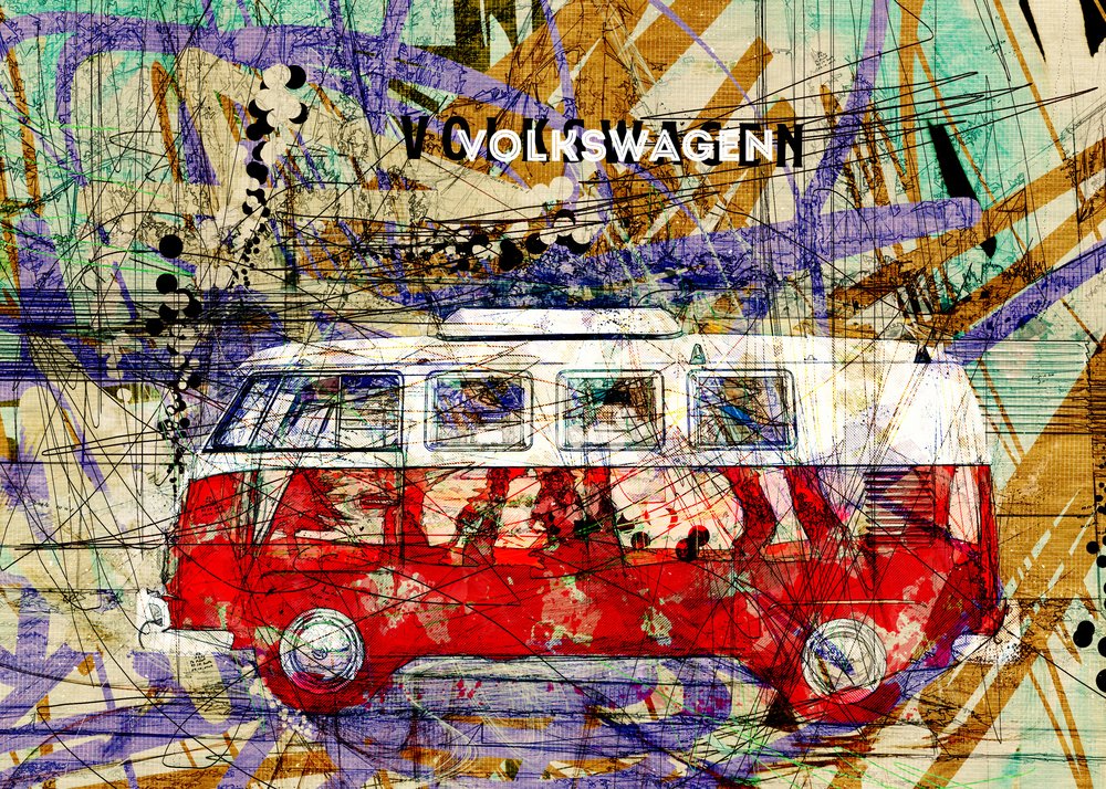 Kolorowe grafiki w stylu retro przedstawiające furgonetki autorstwa Lembayung senja studio [Vintage Poster]