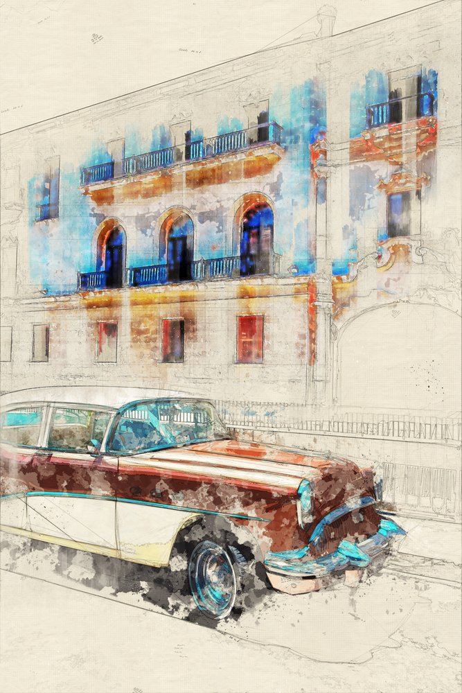 Szkic klasycznego samochodu z Hawany autorstwa Lembayung senja studio [Vintage Poster]