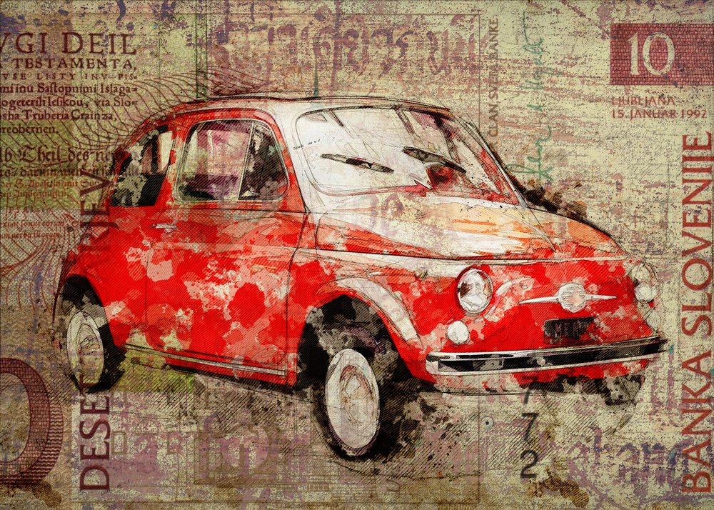 Czerwony Fiat 500 w stylu vintage autorstwa Lembayung senja studio [Vintage Poster]