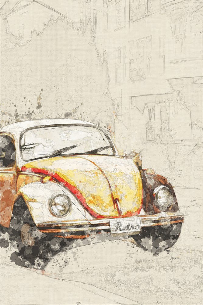 Żółty Beetle w stylu retro autorstwa Lembayung senja studio [Vintage Poster]