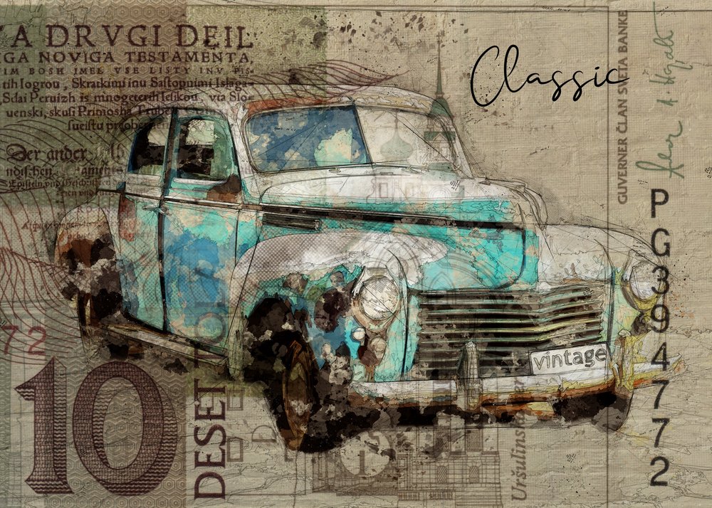 Rusty Teal – klasyczny samochód autorstwa Lembayung senja studio [Vintage Poster]