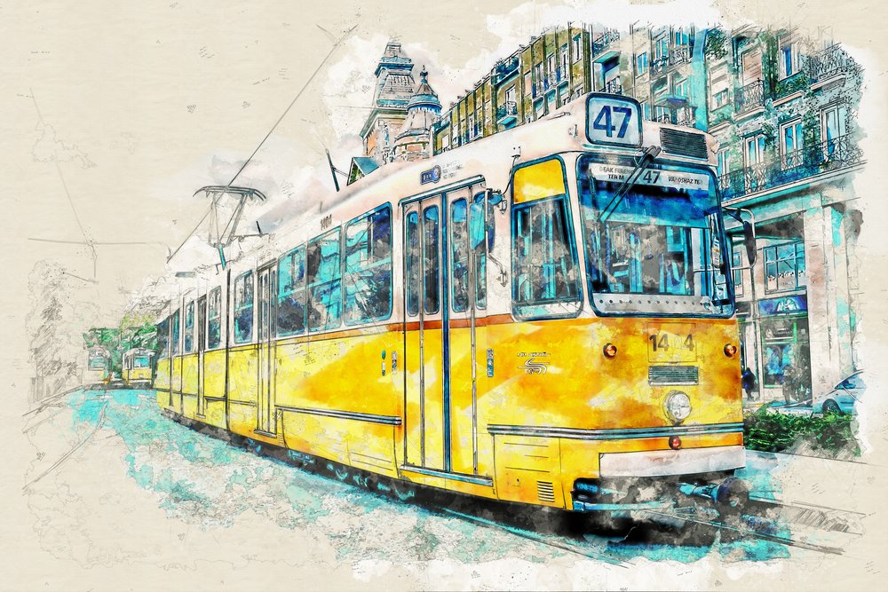 Akwarela przedstawiająca tramwaj miejski autorstwa Lembayung senja studio [Vintage Poster]