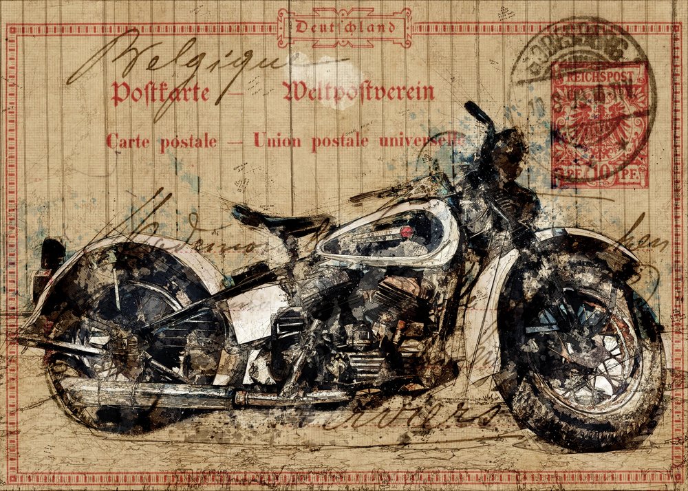 Pocztówka z zabytkowym motocyklem autorstwa Lembayung senja studio [Vintage Poster]