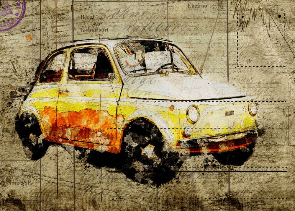 Klasyczny żółty Fiat 500 autorstwa Lembayung senja studio [Vintage Poster]