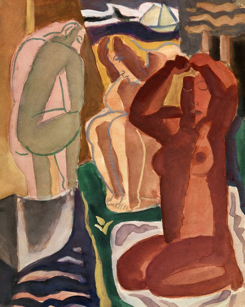 Dwie kąpiące się kobiety i most, format 4x5, czysta kopia autorstwa Leo Gestel