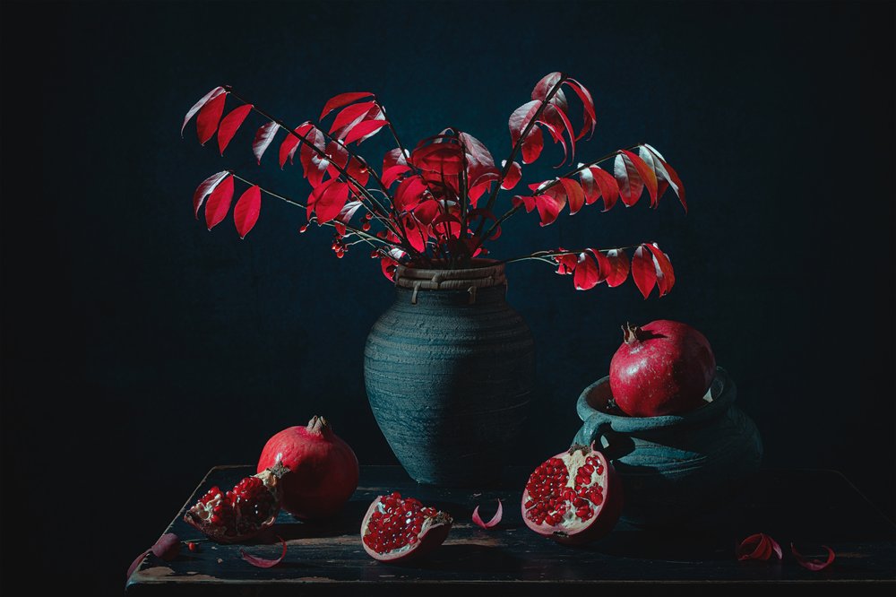 Martwa natura z granatem w nastrojowej czerwieni autorstwa Lydia Jacobs